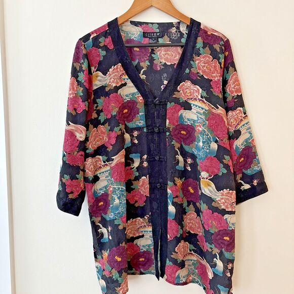 Citron Santa Monica Tops - Citron Santa Monica Asian Print Silk Kimono Button Front Blouse Black Pink 1X